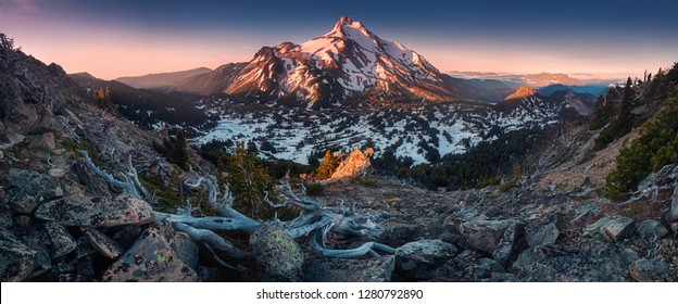 At 10,492 feet high, Mt Jefferson is Oregon's second tallest mountain.Mount Jefferson Wilderness Area, Oregon
The snow covered central Oregon Cascade volcano Mount Jefferson rises above a pine forest