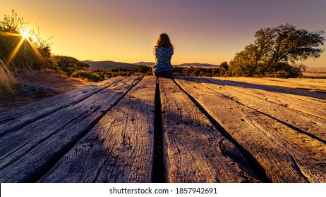 105 / 5000
					Woman from behind sitting on a wooden floor, contemplating the horizon with sunset in the field.