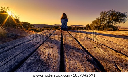105 / 5000
Woman from behind sitting on a wooden floor, contemplating the horizon with sunset in the field.