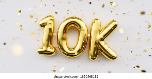 10k followers celebration. Social media achievement poster. 10k followers thank you lettering. Golden sparkling confetti ribbons. Gratitude text on white background. - Shutterstock ID 1850568115