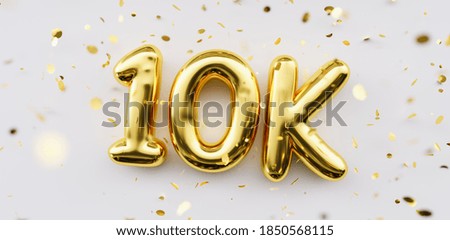10k followers celebration. Social media achievement poster. 10k followers thank you lettering. Golden sparkling confetti ribbons. Gratitude text on white background.