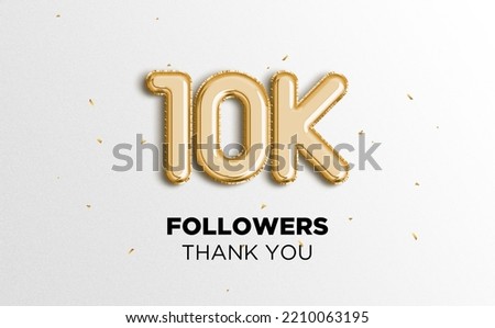 10k followers celebration. Social media achievement poster. Followers thank you lettering. Golden sparkling confetti ribbons. White background