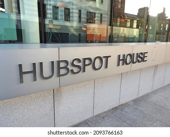 10th December 2021, Dublin, Ireland. Selective focus on the Hubspot House signage outside the Hubspot European headquarters offices in Sir John Rogerson’s Quay on Dublin’s South Docks.
