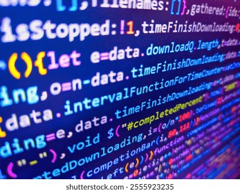 1100101 blau. Can be used as background and banner. Stock market graph analysis. Developer work. Abstract background for search job. Green binary code on computer screen texture background.