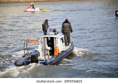 11.16.2021 Wroclaw, Poland, Police Motorboat On The River During A Rescue Operation After A Suicide.