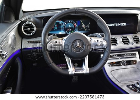 11.17.2021 Long Island, USA. Mercedes-Benz AMG E53. Interior, dashboard, screen, steeringweel.

