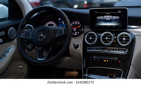 11.31.2019 Vinnytsia, Ukraine. GLC 300 4matic Car Dashboard Turned On Lightning. Steering Wheel, On-board Computer, Speedometer Inside Of Car