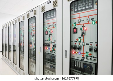 115kV Supervisory Control Panel is control 115kV equipment and show status of circuit breaker, disconnecting switch, earth switch, alarm and trip included multi meter and protection relay - Shutterstock ID 1617877990