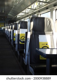 11th June 2021, Dublin, Ireland. The Drogheda To Dublin Irish Rail Train With Covid 19 Social Distancing Seating Restrictions Signs On Seats. Seat Capacity Is Reduced To 50 Percent During Pandemic.