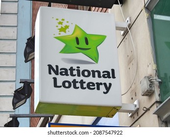 11th June 2021, Dublin, Ireland. Selective Focus On An Irish National Lottery Lotto External Wall Sign Outside A Newsagent In Dublin City Centre. 