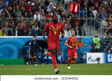 1/2 final football match at World Cup 2018 France-Belgium. Saint-Petersburg Stadium, 10th of July, 2018. Belgian forward Romelu Lukaku. 