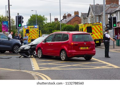 12 July 2018 A Multi Vehicle Road Traffic Accident At Ballyholme In Bangor County Down Northern Ireland With Two Ambulances In Attendance. No Details Of Injuries Sustained Are Available.