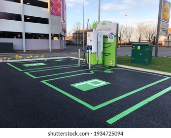 12 March 2021 Stockton-on-Tees UK. An Electronic Vehicle Rapid Charger In The Car Park Of A Lidle Supermarket In England.