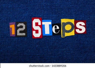 12 STEPS Word Text Collage, Multi Colored Fabric On Blue Denim, Addiction And Recovery Concept, Horizontal Aspect