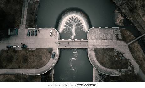 12.05.2022. Yaropolets. Russian Federation. Nice Little Dam. View From Above. Dark Water. Semicircular Waterfall. Stone Dam. Beautiful Nature.