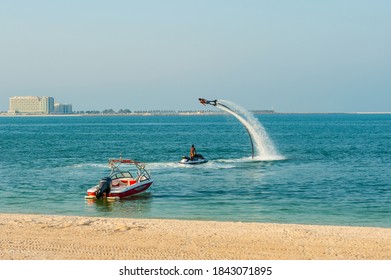 12.10.2020 Dubai Emirates Men Enjoying The Flyboard In The Sea Shore