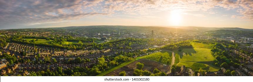 12k Aerial Panorama Of Sheffield City At Sunset