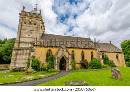The 12th century Anglican St Lawrence's Church at the picturesque village of Bourton-on-the-Hill in the Cotswold District of Gloucestershire, England.