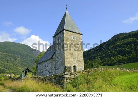 12-th century stone Hove Church (Hove kyrkje), a historic parish church in Vikoyri, Vik, Sogn og Fjordane county, Vestland county, Norway.
