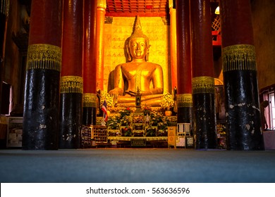 12th January 2017 Nan province Thailand : beautiful buddha image in beautiful ordainary hall in old buddhist temple of Wat Prathat Chang Kam in Nan province north of Thailand  - Shutterstock ID 563636596
