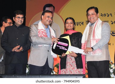 12th January 2018, Guwahati, Assam, India. Assam Chief Minister Sarbananda Sonowal And Education Minister Dr Himanta Biswa Sarma Give Away Scooter To  Girl Students.  Scored Highest Marks In HS Exam.