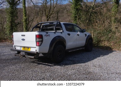 12th March 2019- A Ford Ranger 4x4 Pickup Truck In The Public Parking Area At A Woodland Near Amroth, Pembrokeshire, Wales, UK.