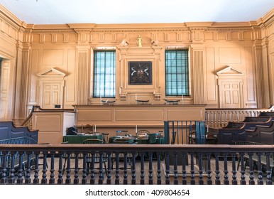 13 April 2016 - Restored Assembly Room Displaying 18th Century Papers In Independence Hall, Philadelphia, Pennsylvania, One Of The Meeting Places Of The Second Continental Congress.
