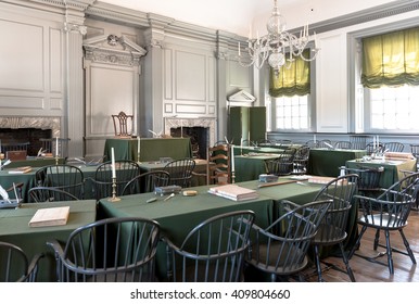 13 April 2016 - Restored Assembly Room Displaying 18th Century Papers In Independence Hall, Philadelphia, Pennsylvania, One Of The Meeting Places Of The Second Continental Congress.
