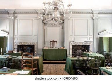 13 April 2016 - Restored Assembly Room Displaying 18th Century Papers In Independence Hall, Philadelphia, Pennsylvania, One Of The Meeting Places Of The Second Continental Congress.
