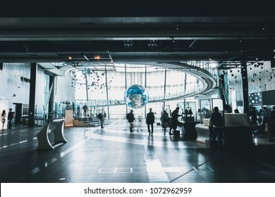 13 APRIL 2018, TOKYO, JAPAN: A Giant Globe With Interactive Projections Inside The National Museum Of Emerging Science And Innovation, Known As The Miraikan Literally Meaning 