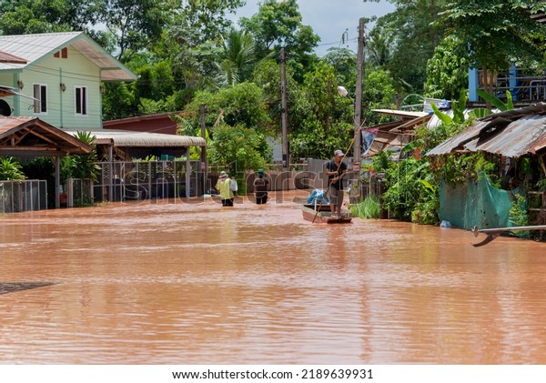 13 Aug 2022, Nan, Thailand. Massive flooding,\
flooding roads and houses. life is hard The effects of the\
depression Mulan