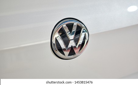 13 of July, 2019 - Vinnitsa, Ukraine. Volkswagen NEW Golf R-line 2019, car produced by German automaker VAG Group, presentation in showroom, logo close-up