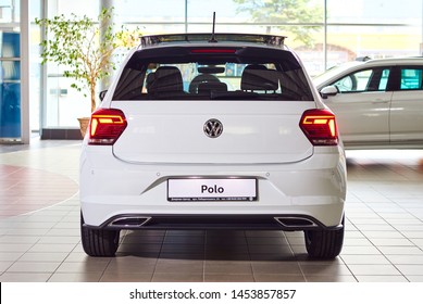 13 of July, 2019 - Vinnitsa, Ukraine. Volkswagen NEW Polo R-line 2019, car produced by German automaker VAG Group, presentation in showroom, back side
