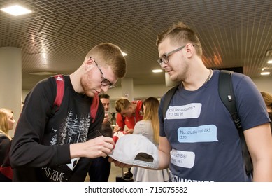 13.09.2017. RIGA,LATVIA. Davis Bertans giving autographs for fans. National men basketball team of Latvia arrives from Eurobasket 2017 at Riga International Airport.