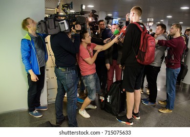 13.09.2017. RIGA,LATVIA. Davis Bertans speeks with journalists. National men basketball team of Latvia arrives from Eurobasket 2017 at Riga International Airport.