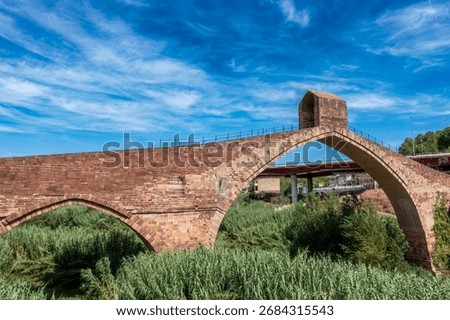 The 13th-century Gothic Devil's Bridge (Pont del Diable) with its triumphal arch in Martorell, Catalonia