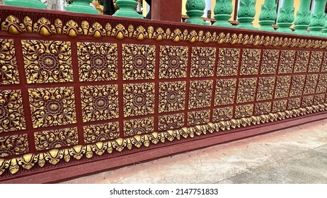 14 April 2022, The stone wall with Kbach Khmer Design isolation background, Khmer Luxury pattern at Baray District, Angdong Por Commune, Kampong Thom Province, Cambodia.