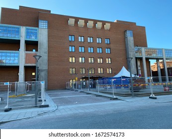 14 MARCH 2020, GOTHENBURG, SWEDEN: Entrance To Sahlgrenska Hospital Emergency Department With Corona Triage Tent Outside