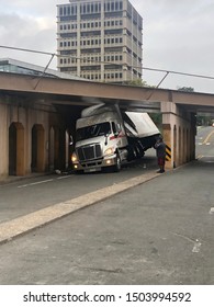 14 September 2019 Durham North Carolina USA Damage Of Truck Trailer Bridge From Crash From Truck Hitting With The Bridge