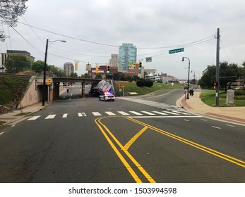 14 September 2019 Durham North Carolina USA Highway Crash Wreck With Truck Trailer Accident Hits Bridge And Police Car