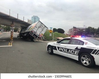 14 September 2019 Durham North Carolina USA Semi Trailer Truck Damaged During The Accident Hits Bridge Illuminated Police Car