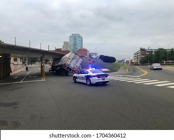 14 September 2019 Durham North Carolina USA Truck Of Semi Truck Trailer Rolled Over Crash Crashed Accident Hits Bridge And Police Car