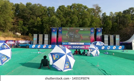 14/04/2018- TRIVANDRUM, INDIA: People Sitting And Watching Cricket On Fan Park Organized By Indian Premier League. Fan Park Is A Free Event Where People Can Come And Watch Ongoing Cricket Match.