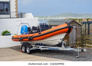 14.05.2022 Isle of Iona, Inner Hebrides, Scotland, Uk. Speed boat on trailer at Fionnphort harbour on the isle of Mull
