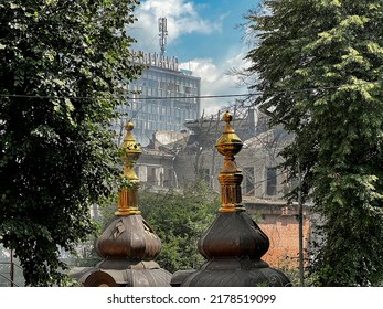 14.07.22 Vinnitsa, Ukraine: 
The Destroyed Orthodox Church Against The Background Of The Fire In The Officer's House Hit By A Russian Missile In The Center Of The City Of Vinnytsia