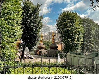 14.07.22 Vinnitsa, Ukraine: 
The Destroyed Orthodox Church Against The Background Of The Fire In The Officer's House Hit By A Russian Missile In The Center Of The City Of Vinnytsia