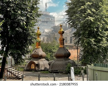 14.07.22 Vinnitsa, Ukraine: 
The Destroyed Orthodox Church Against The Background Of The Fire In The Officer's House Hit By A Russian Missile In The Center Of The City Of Vinnytsia