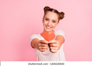 14-february concept. Portrait of stylist, trendy youth lady with big white toothy smile, hold hands in front little, small red card isolated on bright pink background - Shutterstock ID 1204220443