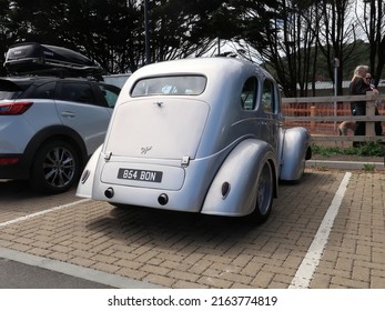 14th May 2022- A customised Ford Prefect, four door saloon car, in the public carpark at Pendine, Carmarthenshire, Wales, UK.