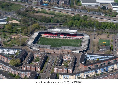 15 April 2020, Rotterdam, Holland. Aerial view of soccer stadium HET KASTEEL. Arena of Eredivisie club SPARTA. The entrance looks like a castle and lies in the working class neighborhood of Spangen.